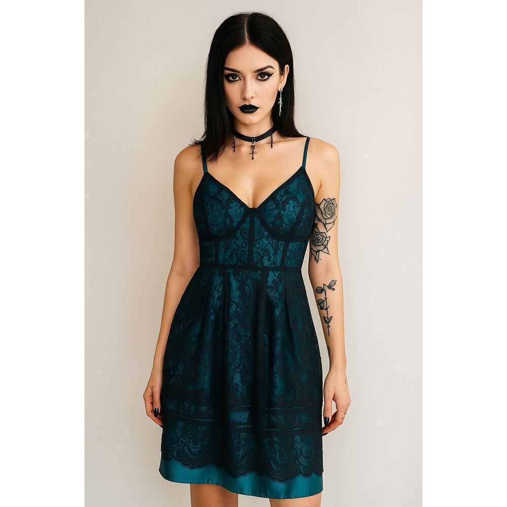Draper James by Net-A-Porter Lace Mini Dress Teal/Black Women's Size 6 NWT